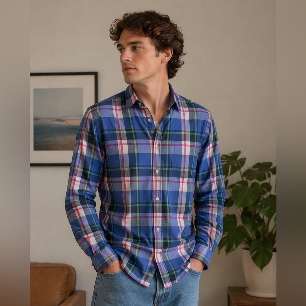 Merona Blue Plaid Button Down Shirt Tailored Fit Cotton Size M